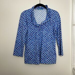 J. McLaughlin Catalina Cloth Durham 3/4 Sleeve Watercolor Blue Print Top Small